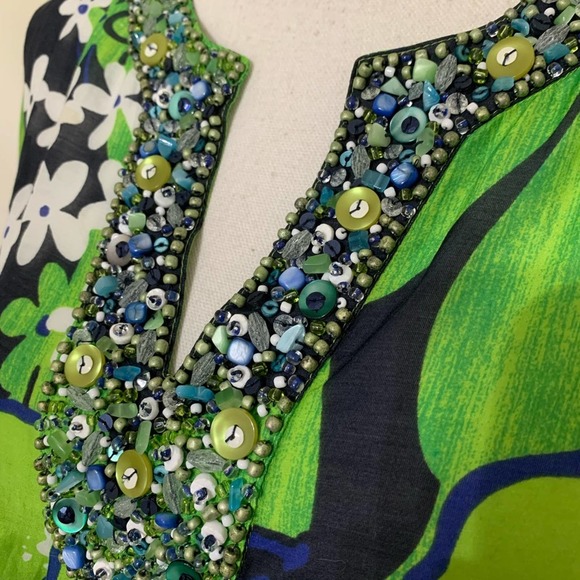 Lafayette 148 Green Mod Floral Print Beaded Tunic - Picture 5 of 15